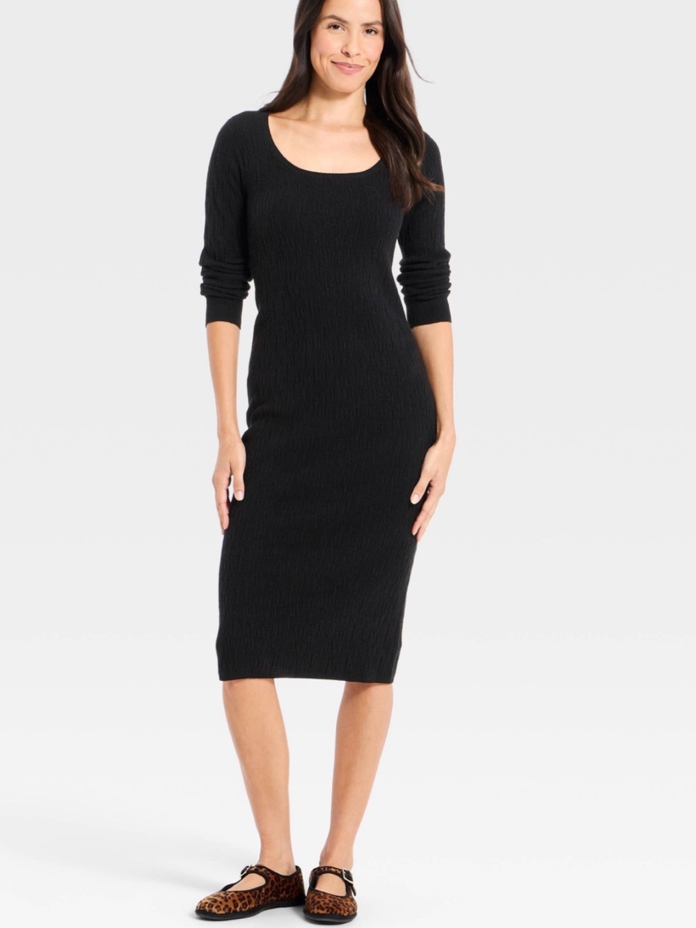 Classic Black Long-Sleeve Rib Knit Midi Sweater Dress Size XL NEW